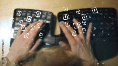 Girl types text on the keyboard