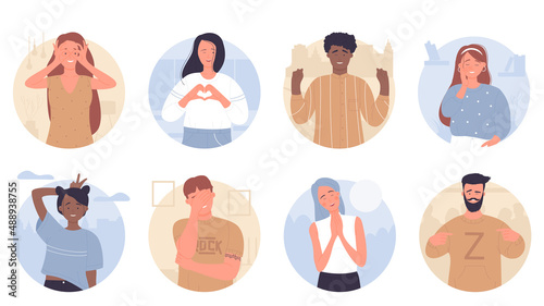 Happy people with funny faces, gestures and fun reactions in round avatar set vector illustration. Cartoon portraits of cheerful woman and man showing heart sign and smiling isolated on white