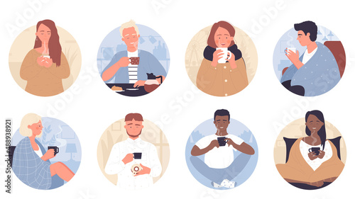 People with hot drinks in round avatar set vector illustration. Cartoon cute woman and man holding in hands ceramic cup with coffee, milk tea or chocolate beverage. Coffee or tea break concept
