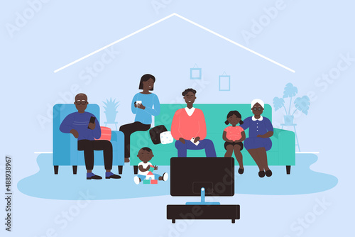 African american family at home vector illustration. Cartoon flat adult characters and children sitting on sofa together and watching TV news or movie in living room. Family relax in evening time