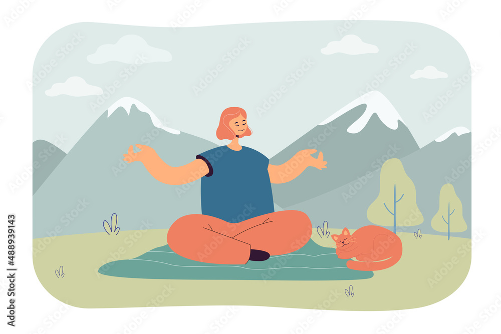 Girl doing yoga in nature flat vector illustration. Woman with closed eyes sitting in lotus position with cat in background of mountains. Sport concept for banner, website design or landing web page