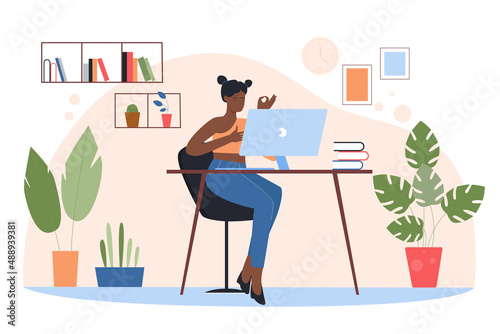 Online study of female student at home. Happy girl training at desk with computer and library books, doing homework or tests for exam flat vector illustration. Distance education, university concept