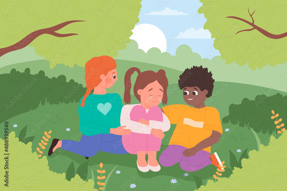 Friends help and comfort sad depressed child feeling hurt. Kids consoling crying unhappy girl with troubles in park together flat vector illustration. Sympathy, consolation, friendship concept