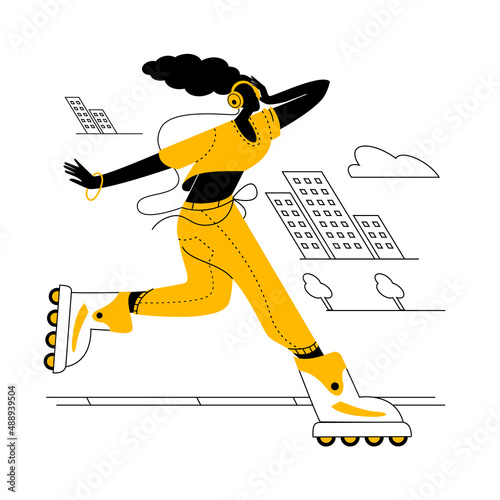 A slender girl in a tracksuit rides roller skates. A vivid illustration on the theme of summer sports.
