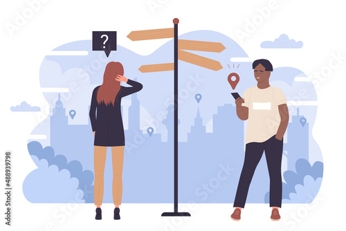 People choose pathway, standing on crossroad near signpost with arrows on way vector illustration. Cartoon confused man and woman making choice of direction, searching information in mobile phone