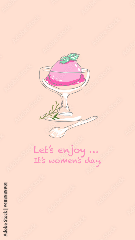 A pink ice cream cone in a clear glass decorated with a green leaf.  Text: Let's enjoy... it’s Women's Day.  vector.