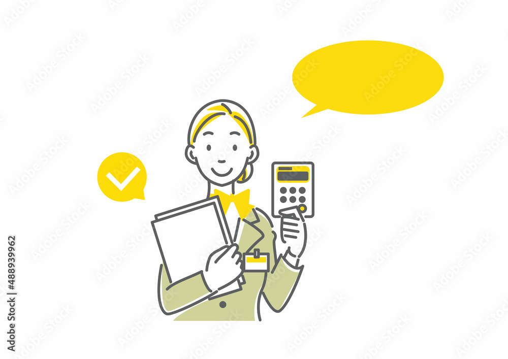 電卓と書類を持つ笑顔のビジネスウーマン シンプルでお洒落な線画イラスト Stock Vector Adobe Stock