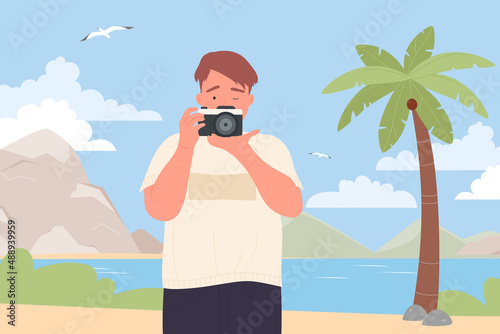 Travel photography and tourism. Photographer holding digital camera to shoot tropical summer sea beach with palm trees, tourist foreigner on vacation flat vector illustration. Hobby, holiday concept