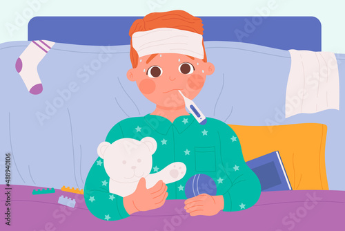 Sick kid with flu, cold and fever lying in bed at home vector illustration. Cartoon sad tired boy patient with temperature, cute baby holding thermometer and toy, unhappy little child feeling unwell