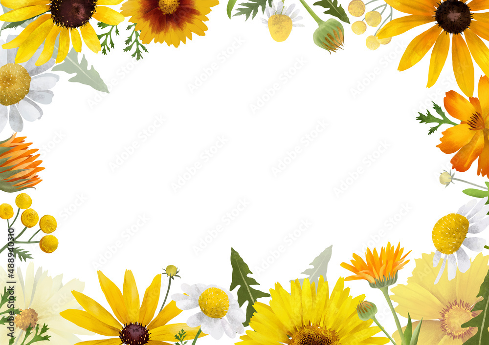 Floral frame with beautiful orange, yellow flowers on white background. Hand drawn empty border template for greeting, poster Floral frame with beautiful orange, yellow flowers on white background. Hand drawn empty border template for greeting, poster