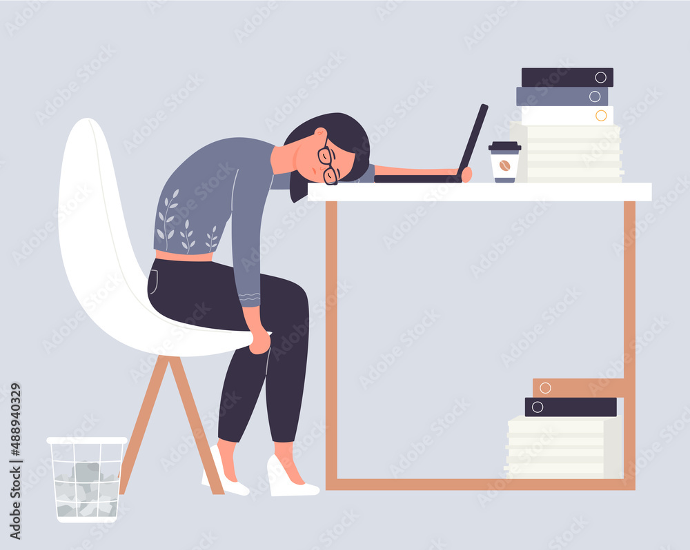 Exhausted girl sleeping on working office table. Professional burning out and overtime job cartoon vector illustration