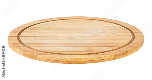 Empty round bamboo pizza board isolated on а white background. Wooden plate for meat and vegetable.