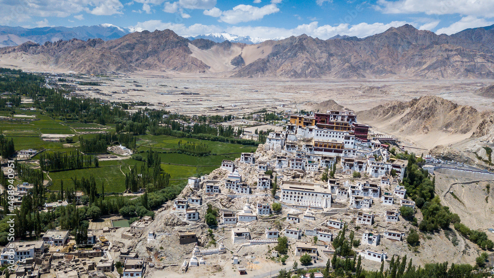 Aerial view Thiksey Monastery, Thiksey Gompa Tibetan Buddhist monastery of the Yellow Hat, Ladakh, Jammu and Kashmir, India, Leh Ladakh , Famous place in Leh, Ladakh India.