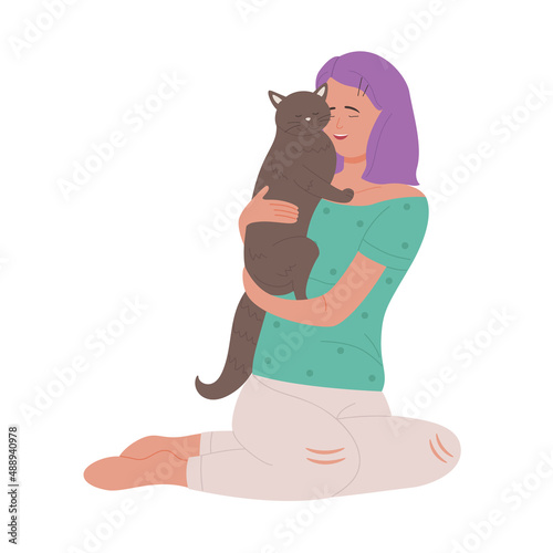 Cheerful teenager girl holding her lovely cat. Sitting girl embracing family domestic pet cartoon vector illustration