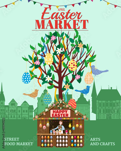 Easter Market poster, Holiday City Spring Fair. Easter Tree wooden stall decorated flowers, colored Easter eggs, bunny, baking. Europe architecture background. Vector illustration