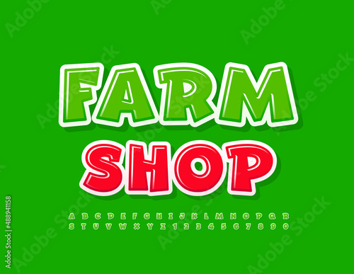 Vector colorul Signboard Farm Shop. Modern Green Font. creative Alphabet Letters and Numbers set