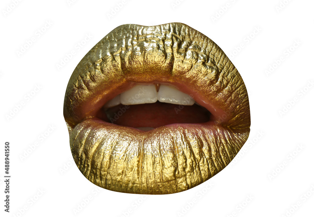 Sexy girl golden lips, gold mouth. Glowing gold skin make-up. Glitter metallic shine golden lipgloss makeup. Abstract gold lips. Sexy girl golden lips, gold mouth. Glowing gold skin make-up. Glitter metallic shine golden lipgloss makeup. Abstract gold lips.