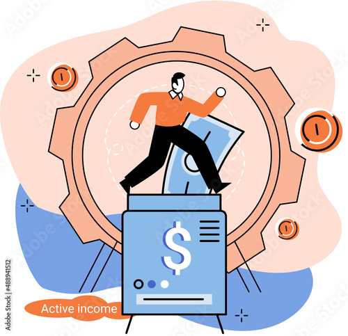Active income, getting wages for work, increase profit using knowledge and skills. Man works, earns salary at paid job. Idea of financial growth and business development. Activity for revenue growth
