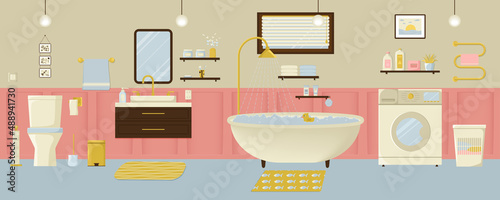 Bathroom interior with furniture in flat design style. Vector illustration.