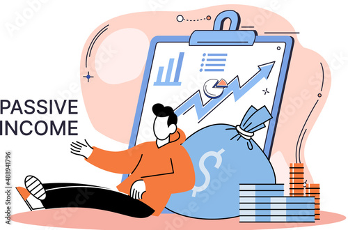 Passive income, interest on deposits, dividends, investing, online monetization. Getting profit, money from investments. Remote job and freelancing. Idea of financial growth and business development