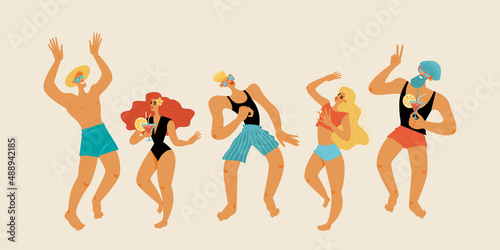Illustration for beach party banner with young people dancing and drinking cocktails.