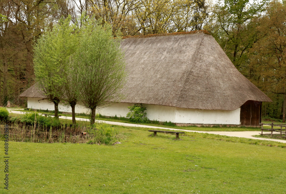 White farmhouse in  a rural landscape, Bokrijk, Belgium