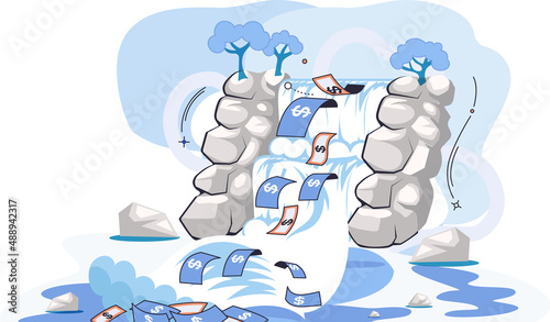 Idea of financial growth and business development. Business investment and profit increase, financial literacy courses. Waterfall with money dollar bills. Cash flow stable income. Money flows metaphor