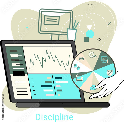 Daily schedule metaphor, daily affairs person, discipline indicators time for rest, work, sleep, food. Scheduling activities for day, time management, distribution of tasks, circle sectors occupation