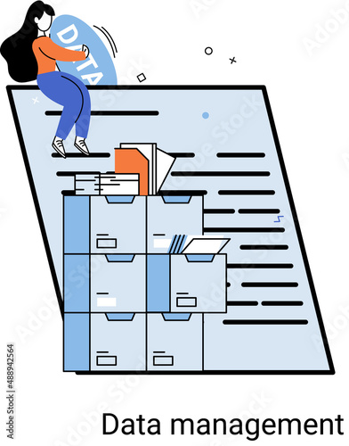 Data management metaphor, privacy media center, business protection, rational storage of information, digital privacy. Efficient data manager, cost-effective safe organization, storage and use of data