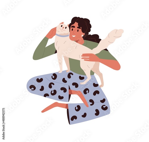 Happy pet owner with cute cat. Person and funny lovely kitty. Woman spending time with adorable feline animal. Female and affectionate kitten. Flat vector illustration isolated on white background