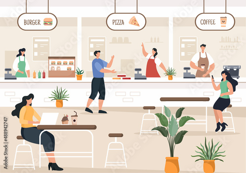 People Eating in Food Court in the Middle of a Shopping Center Serving Fast Food Such as Pizza, Burgers or Tacos in the Form of Cartoon Flat Vector Illustration