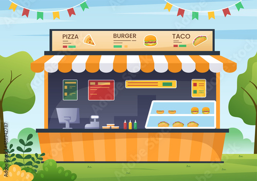 People Eating in Outdoor Street Food Serving Fast Food Like Pizza, Burger, Hot Dog or Tacos in Flat Cartoon Background Poster Illustration
