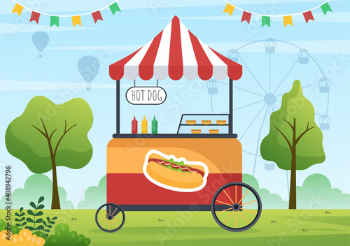 People Eating in Outdoor Street Food Serving Fast Food Like Pizza, Burger, Hot Dog or Tacos in Flat Cartoon Background Poster Illustration