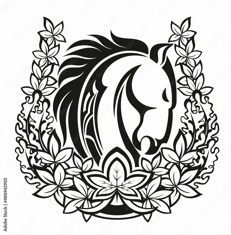 Fototapeta premium Horse head in the horseshoe. Logo. icon, emblem.