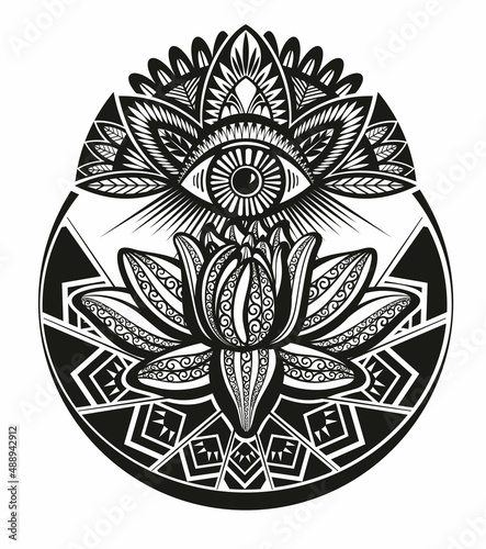 Vector ornamental Lotus flower, all-seeing eye, patterned Indian paisley. Hand drawn illustration. Invitation element. Tattoo, astrology, alchemy, boho