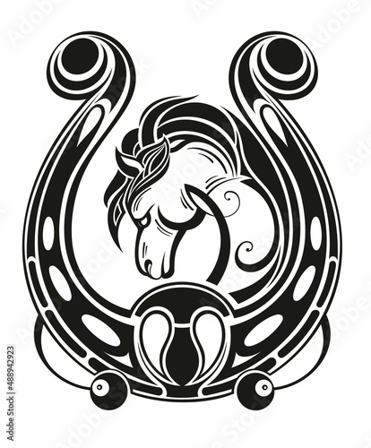 Horse head in the horseshoe. Logo. icon, emblem.