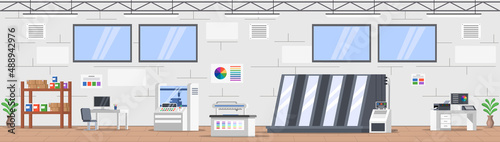 Industrial building with equipment. Premises with commercial printer, scanner, copier. Print house with machines and devices for industrial printing. Typography building, printing house, polygraphy