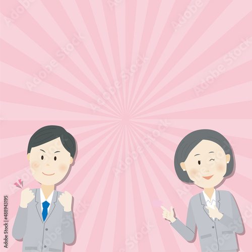 スーツの男女とピンクの集中線背景