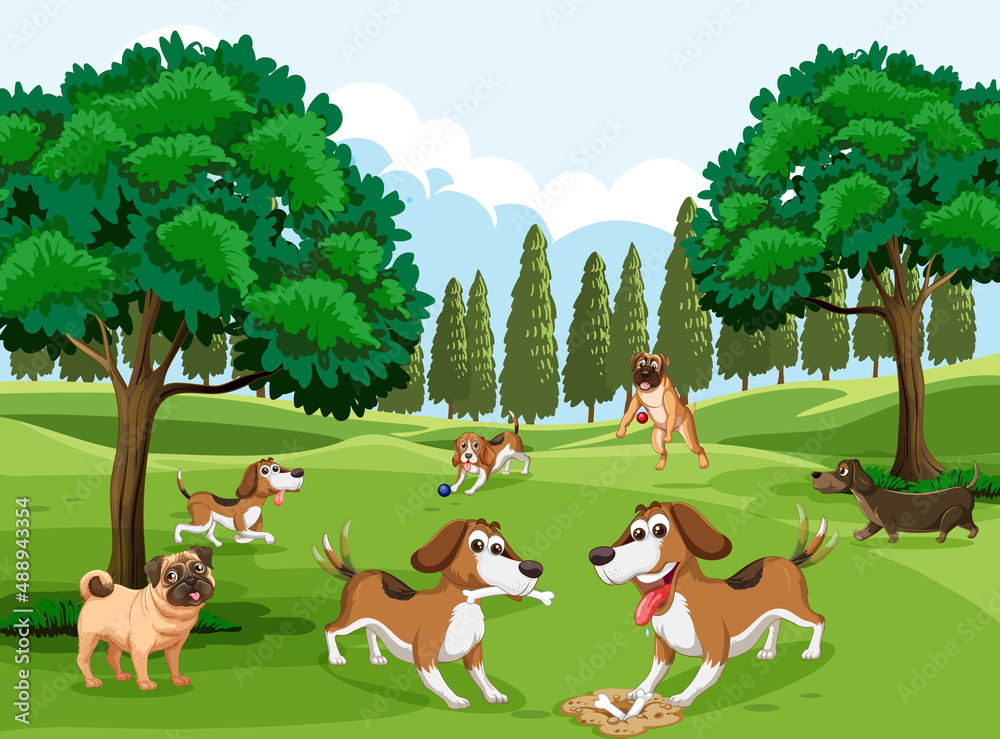 Many dogs running in the park Many dogs running in the park