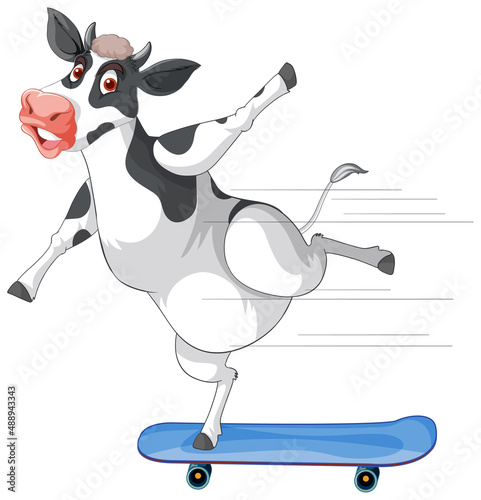 Cow playing skateboard cartoon character