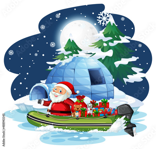 Snowy night with Santa Claus delivering gifts by boat