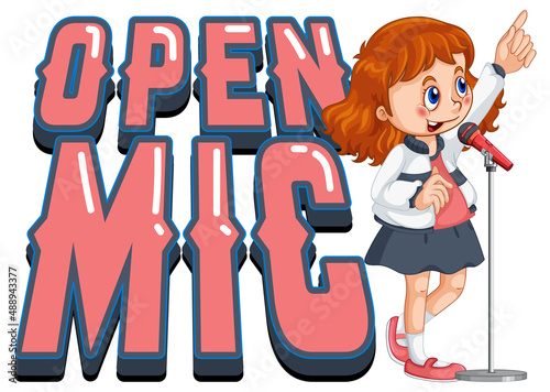 Open mic logo design with singer girl cartoon character