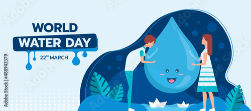 world water day - People are embracing water droplets charecter and paper boats float on water vector design