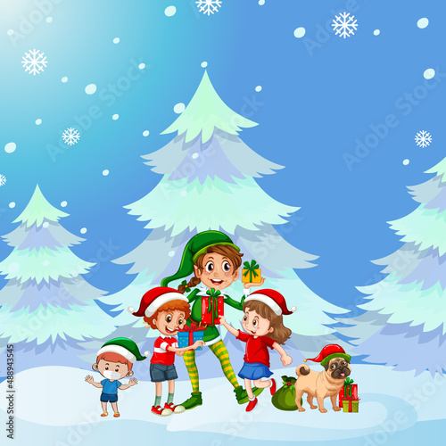 Christmas poster design with elf and children