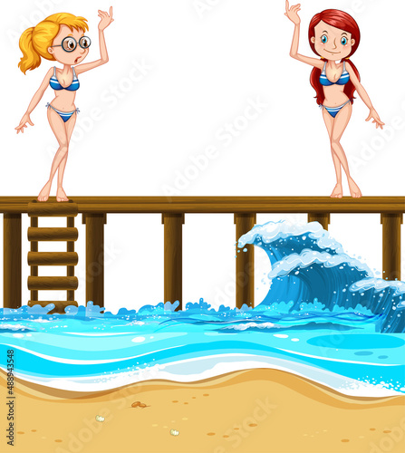 Two girls in swimsuits standing on wooden pier