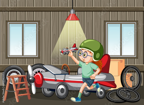 Garage scene with children fixing a car together