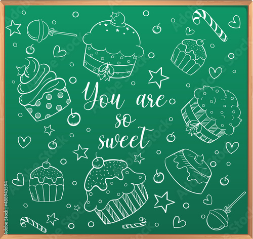 Hand drawn doodle icons on chalkboard
