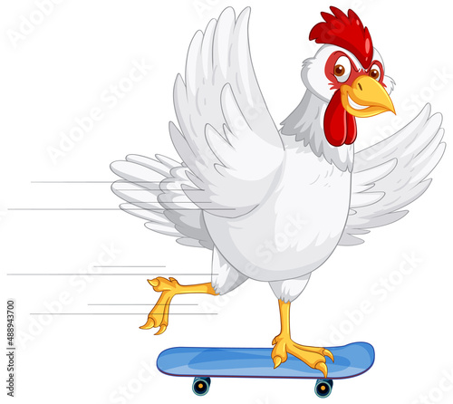 A white chicken riding on a skateboard