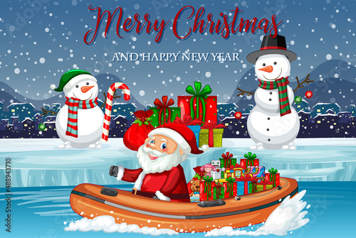 Merry Christmas poster with Santa delivering gifts by boat