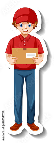 A sticker template with delivery man in uniform holding boxes
